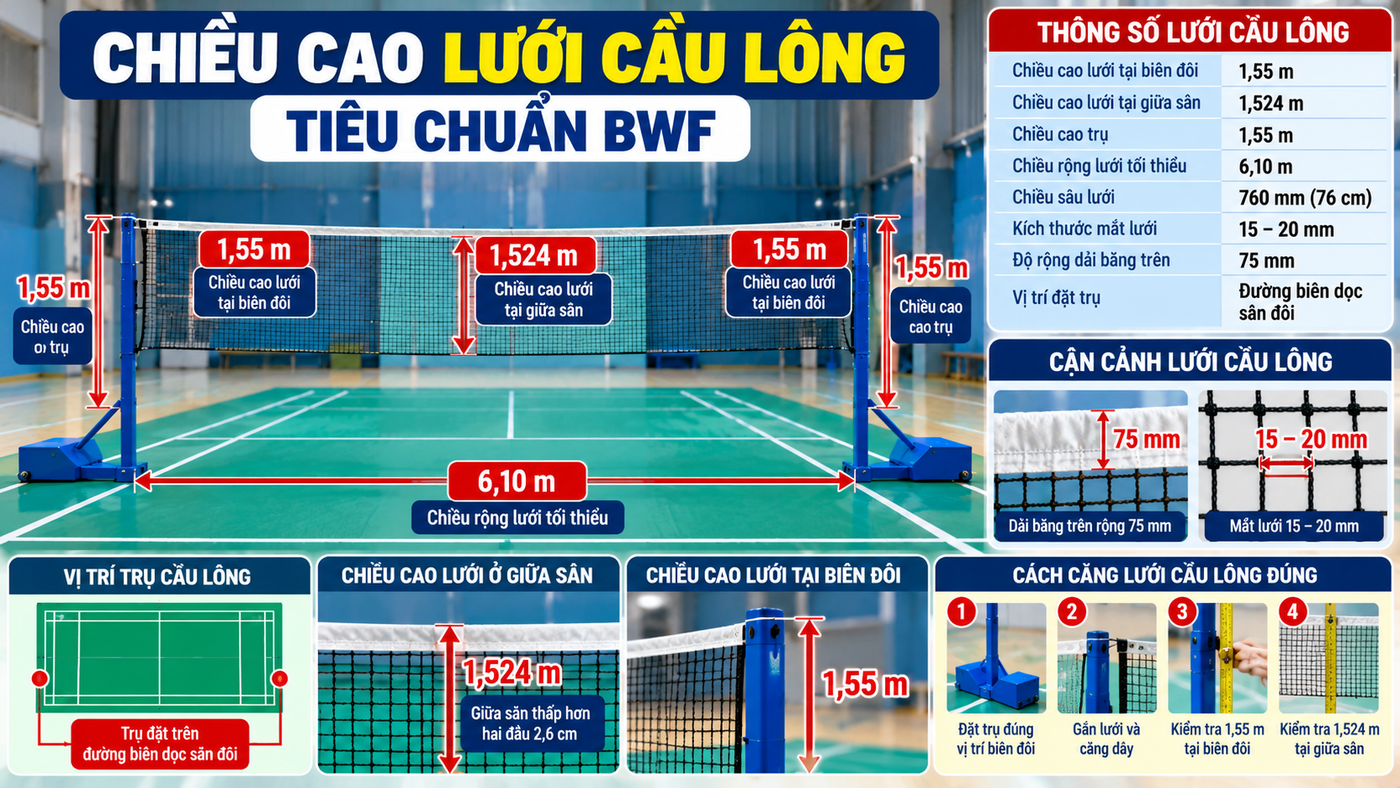 Chiều Cao Lưới Cầu Lông Tiêu Chuẩn