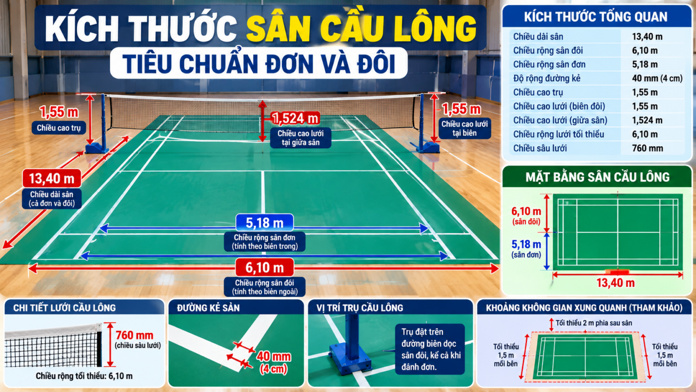 Kích Thước Sân Cầu Lông Tiêu Chuẩn Đơn Và Đôi: Sơ Đồ & Thông Số Chi Tiết 1 Infographic Kich thuoc san cau long