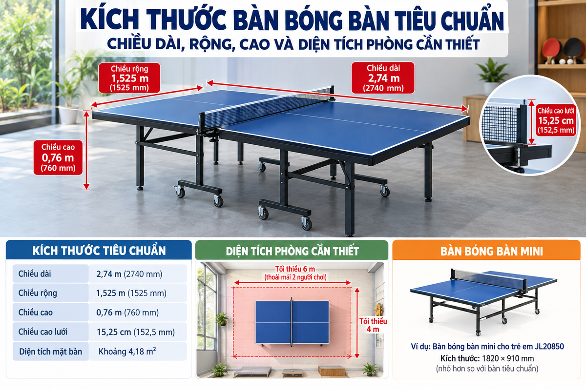 Kích thước bàn bóng bàn tiêu chuẩn: Chiều dài, rộng, cao và diện tích phòng cần thiết 1 Kích thước bàn bóng bàn