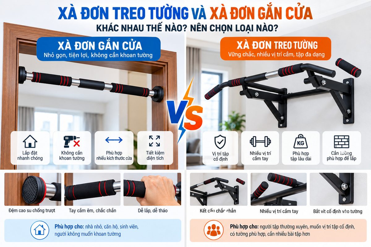 Xà Đơn Treo Tường Và Xà Đơn Gắn Cửa Khác Nhau Thế Nào? Nên Chọn Loại Nào? 1 So sanh xa don gan cua va treo tuong
